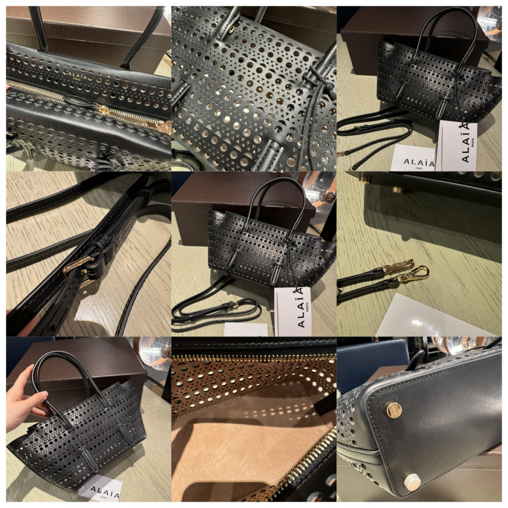 Close-up craftsmanship details of the AAA Alaïa Le Mina replica bag featuring precise Vienne laser-cut perforation without burrs, beige interior lining contrast, and protective gold hardware feet.