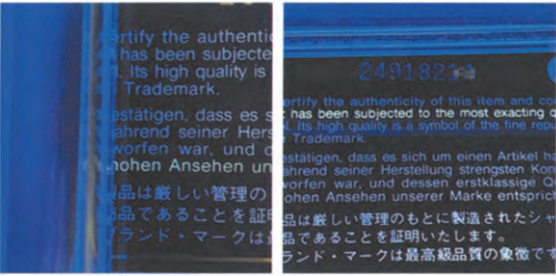 Depending on the encoding on the back of the card, the specific lines of Chanel Authenticity Card text that illuminate under the fluorescent light will differ.