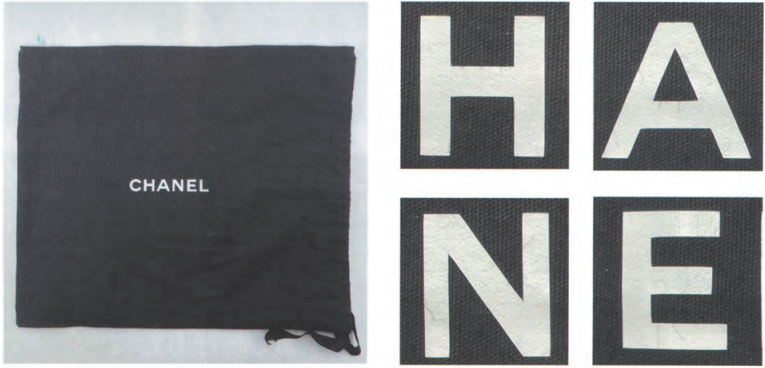  Replica Sunglasses Chanel dust bag with the classic printed logo, demonstrating the specific typography and letter geometry used to Chanel authenticate accessories.