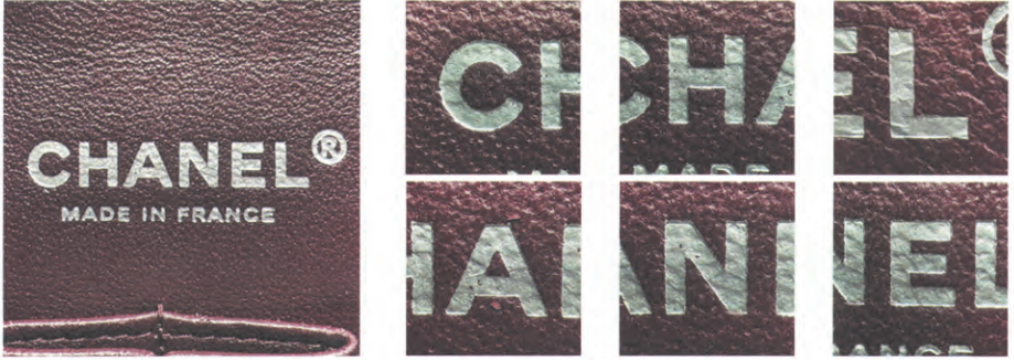  Replica Sunglasses Chanel silver foil stamping on leather, displaying specific letter geometry like the flat-topped 'A' and shortened top 'H' crossbar.