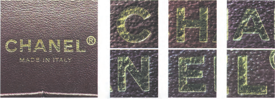 Macro shot of a Chanel gold foil logo stamp showing deep indentations and visible leather texture inside the letters to verify genuine craftsmanship.