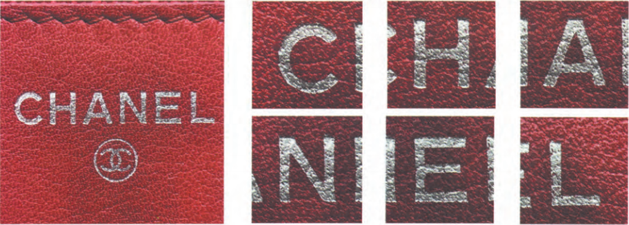  Replica Sunglasses Chanel silver foil stamping on leather, displaying specific letter geometry like the flat-topped 'A' and shortened top 'H' crossbar.