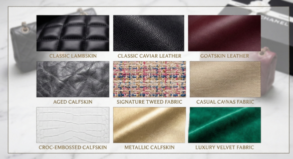 A visual collage of materials for our Chanel replica bags leather guide, featuring classic lambskin, durable caviar, aged calfskin, and tweed used in top quality AAA Chanel bags.