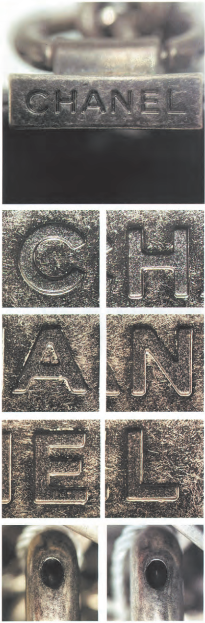  Replica Sunglasses Chanel Le Boy strap stud engraving close-up demonstrating proper depth and secondary polishing on letters.