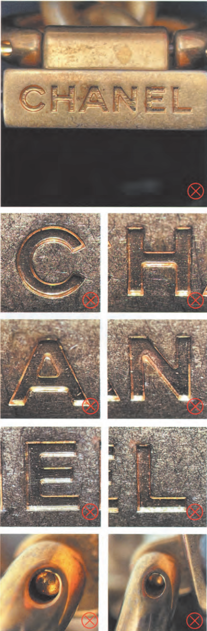 Replica Chanel Le Boy strap stud engraving lacking proper secondary polishing and showing incorrect font shapes.