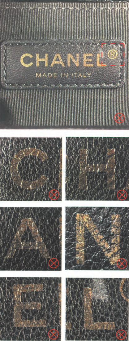 Counterfeit Chanel Le Boy interior gold foil stamp displaying uneven application, messy edges, and incorrect font size.
