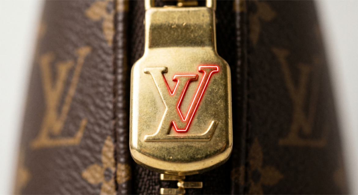 Close-up of an authentic Louis Vuitton zipper pull with a deeply engraved LV logo, used for LV bag authentication and real vs fake LV bag hardware comparison.