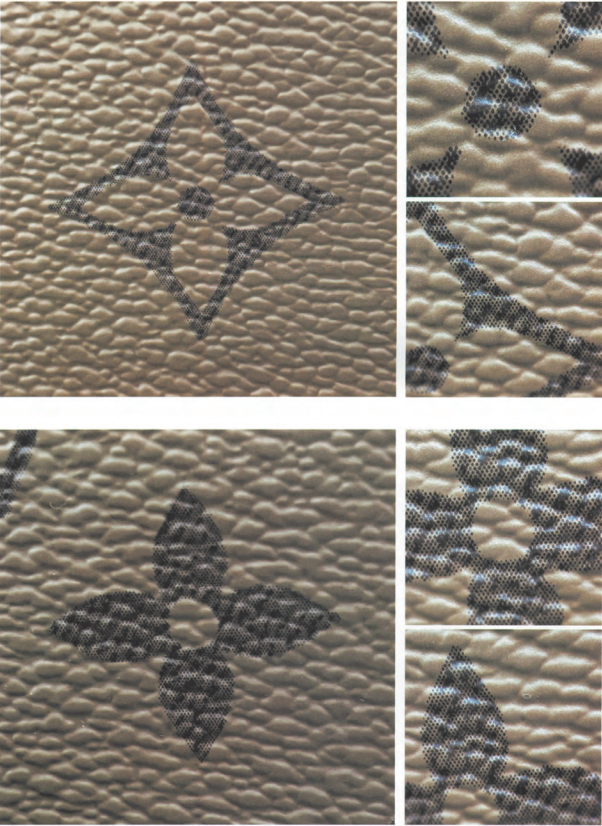 Close-up of genuine Caramel Monogram Canvas diamond and four-petal flower patterns for real vs fake LV bag authentication.