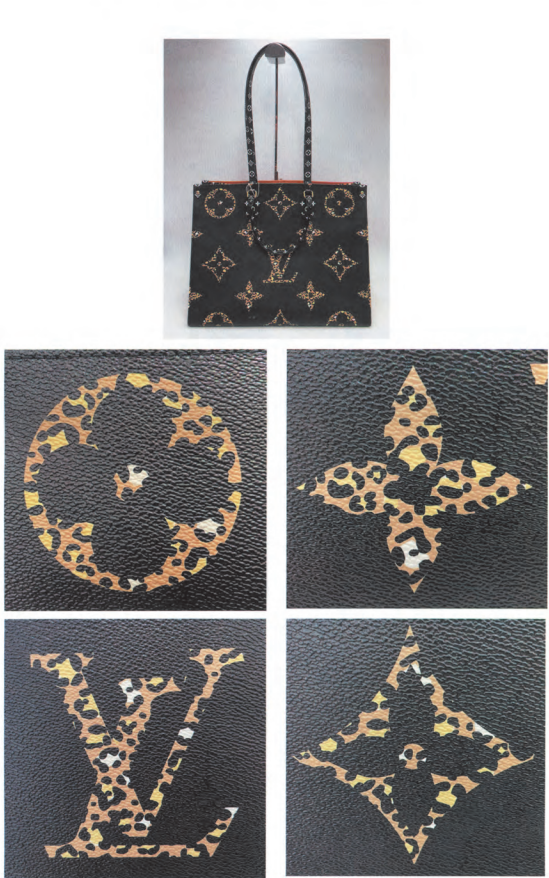 Genuine LV Leopard Monogram Canvas black tote bag and animal-print pattern detail to spot fake Louis Vuitton limited editions.