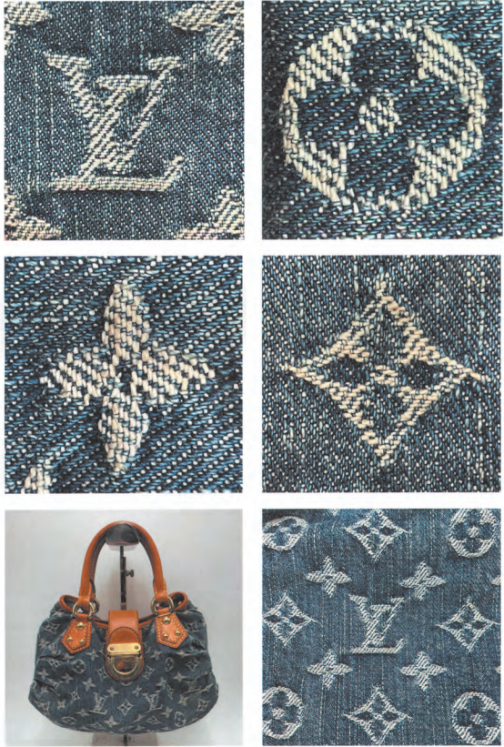 Genuine Louis Vuitton denim Monogram Canvas bag and woven jacquard pattern detail for LV bag authentication.