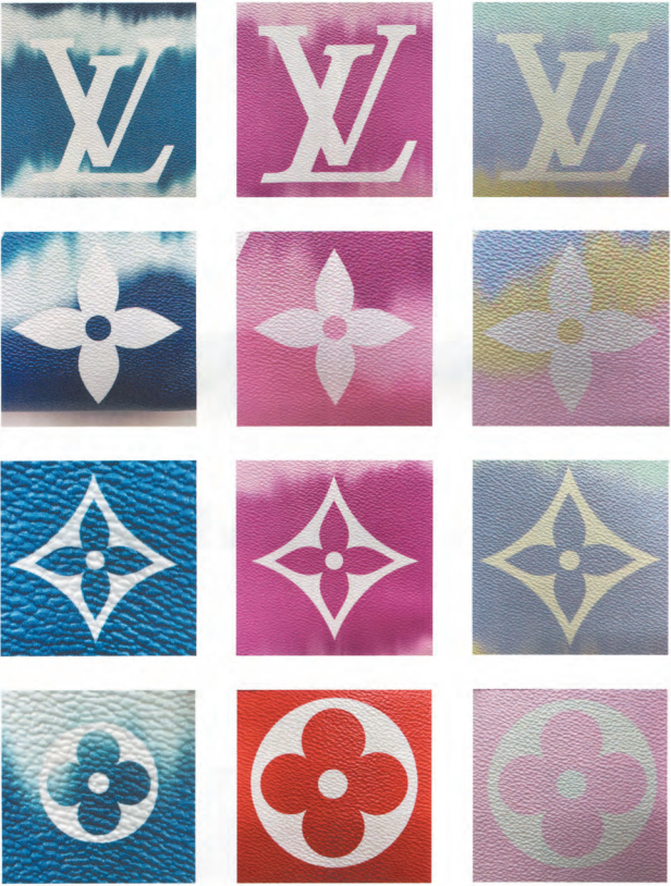  Replica Sunglasses LV Tie-Dye Monogram pattern variations in blue, pink, and pastel tones for Louis Vuitton hardware and material authentication.