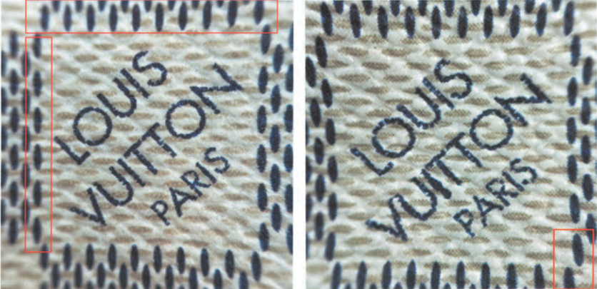  Replica Sunglasses Damier Canvas “LOUIS VUITTON PARIS” logo detail with font and stitch alignment markers for how to spot fake Louis Vuitton.