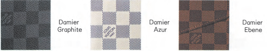 Three authentic Damier Canvas variations—Graphite, Azur, and Ebene—displayed side by side for Louis Vuitton legit check.