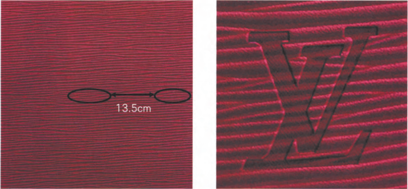  Replica Sunglasses Epi Leather water-ripple texture with 13.5 cm wave spacing and deep LV logo embossing for LV bag authentication.