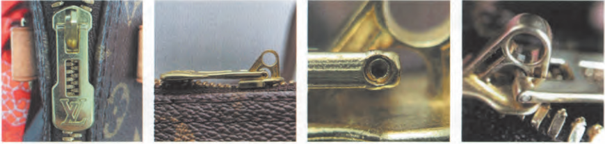 Genuine Louis Vuitton leather series exterior zipper pulls, slider backs, and hardware angles for Louis Vuitton hardware authentication.