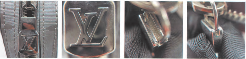 Genuine LV Speedy bag, briefcase, and business bag zipper pulls with LV logo engraving for Louis Vuitton legit check.