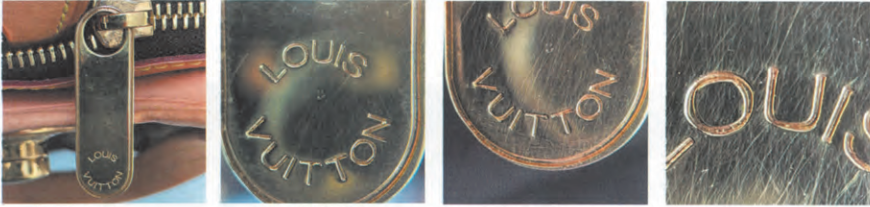 Genuine Louis Vuitton pull-tab style zipper with “LOUIS VUITTON” arc engraving for how to spot fake Louis Vuitton zipper details.