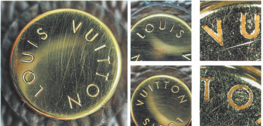 Close-up of authentic LV universal circular pull tab showing “LOUIS VUITTON” lettering and font spacing for LV bag authentication.