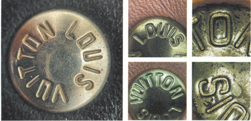 Fake LV metal rivets with “LOUIS VUITTON” circular engraving and clean font edges for real vs fake LV bag hardware checks.