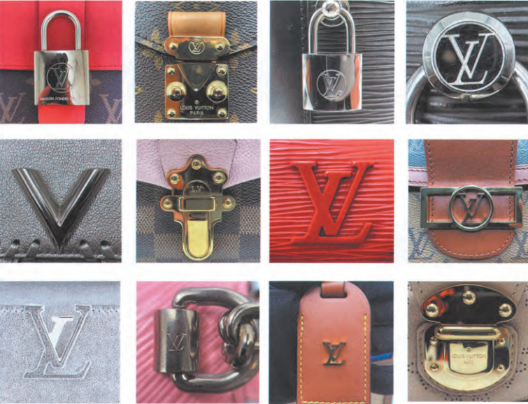 Collage of authentic Louis Vuitton hardware accessories including locks, buckles, and logos for LV bag authentication reference.