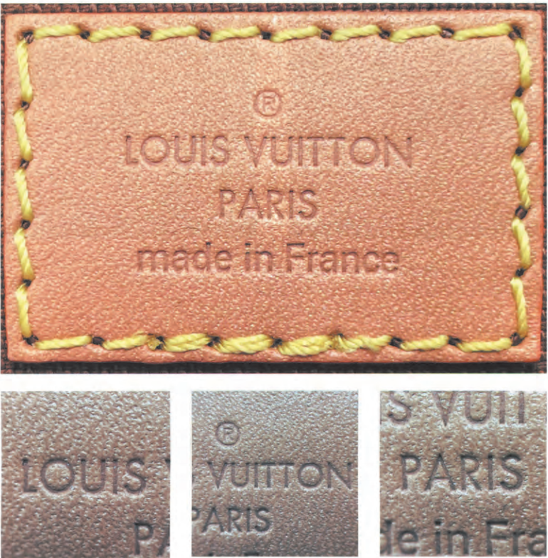 Genuine LV interior heat stamp reading “LOUIS VUITTON PARIS made in France” with clean embossing for Louis Vuitton legit check.