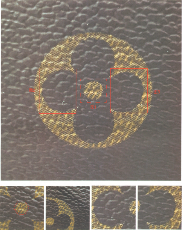 Close-up of a genuine LV Monogram Canvas circular flower with an irregular hexagon center, a critical detail for LV bag authentication.