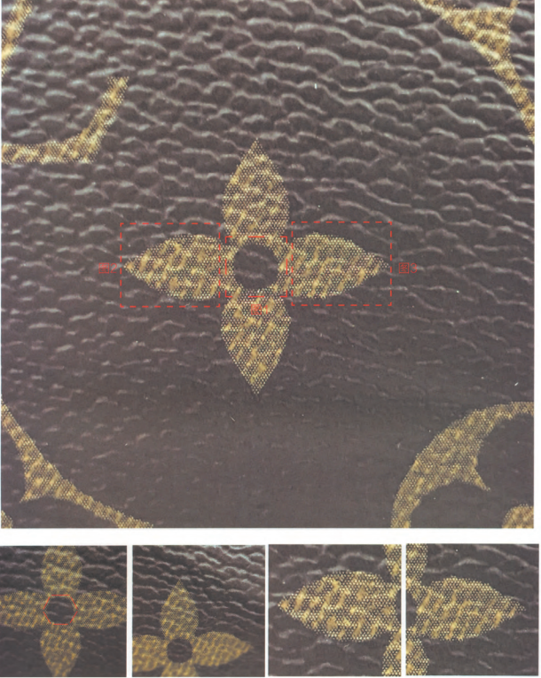 Genuine LV Monogram Canvas four-petal flower detail highlighting center and petal texture differences to spot fake Louis Vuitton.