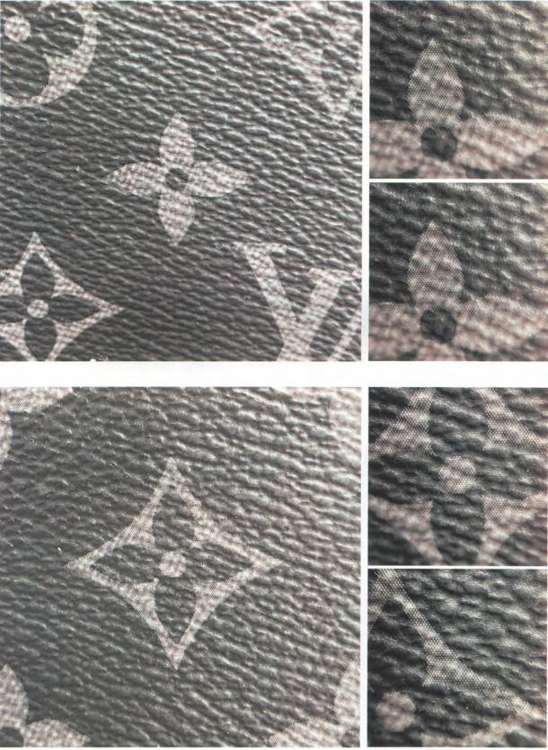 Detailed view of genuine Obsidian Monogram Canvas diamond and flower motifs for LV Monogram fake vs real pattern analysis.