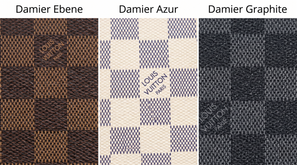 Close-up of Louis Vuitton Damier Ebene canvas with printed logo