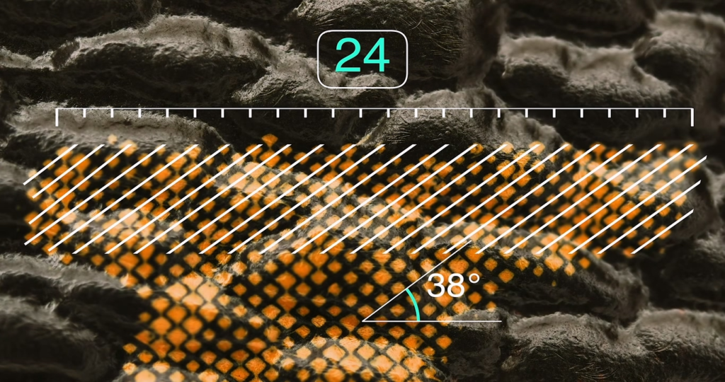 Macro analysis of Tier A and B replica Monogram letter "L" showing 24 rows at 38 degrees with blunt straight-cut bottom-left hook, demonstrating the failure to match authentic geometric specifications.