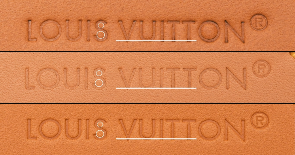 Close-up comparison of three Louis Vuitton interior leather tag stamps showing the "LOUIS VUITTON" logo, with analysis lines highlighting the geometric precision of the letter "S" having a smaller top circle and larger bottom circle.