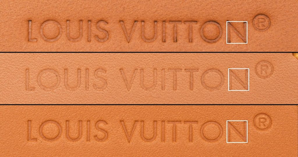 Close-up comparison of three Louis Vuitton interior leather tag stamps showing the letter "N" with razor-sharp angles and almost square overall shape, with square markers highlighting the geometric precision.