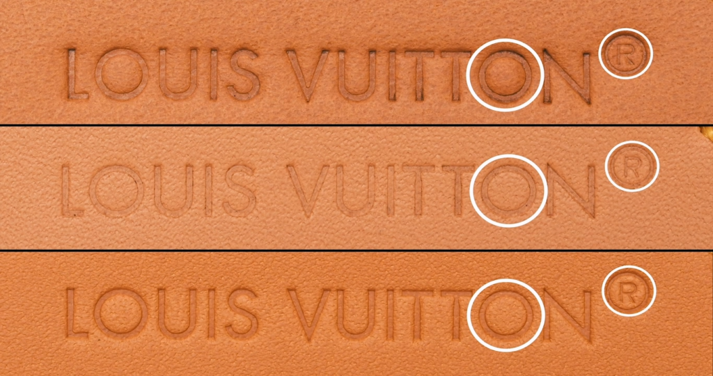 Close-up comparison of three Louis Vuitton interior leather tag stamps showing the outer diameter of the "R" circle being smaller than the "O", with circular markers highlighting this proportional relationship.
