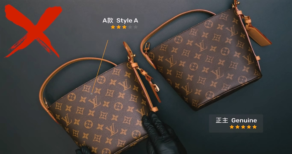 Macro comparison of Piece A replica versus authentic Louis Vuitton Monogram canvas texture under lighting, showing Piece A's smooth surface with harsh glare marked with a red X, while the authentic piece displays deep irregular pores resembling volcanic rock texture.