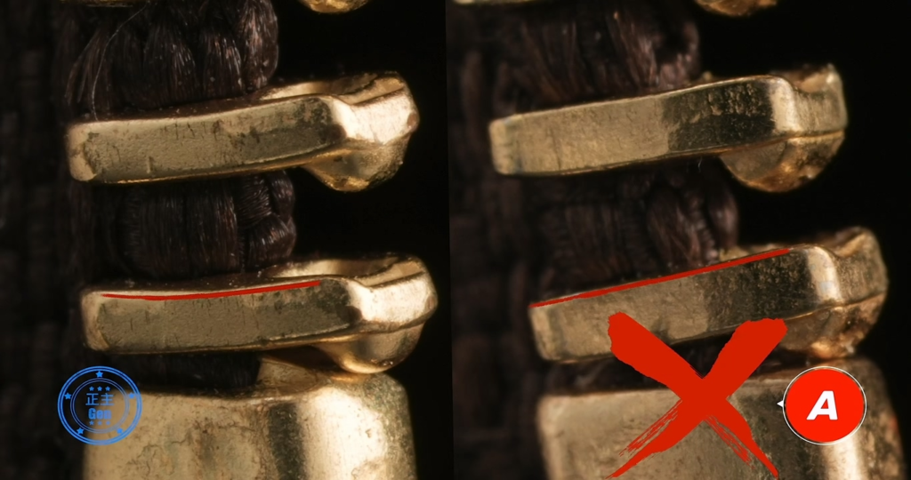 Macro comparison of Tier A and B replica zipper teeth showing Piece A's completely straight flat teeth and Piece B's structural missing tooth, marked with a red X for obvious hardware deficiencies.