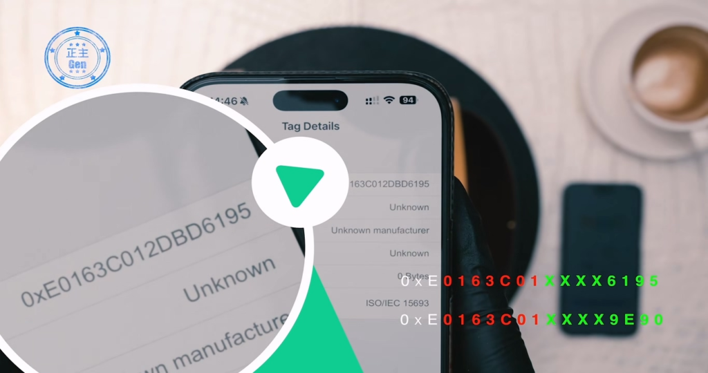 NFC chip scan results displayed on smartphone screen showing authentic Louis Vuitton's 18-digit code with dynamic randomly generated 8-digit suffix refreshing upon every scan, demonstrating the genuine chip standard.