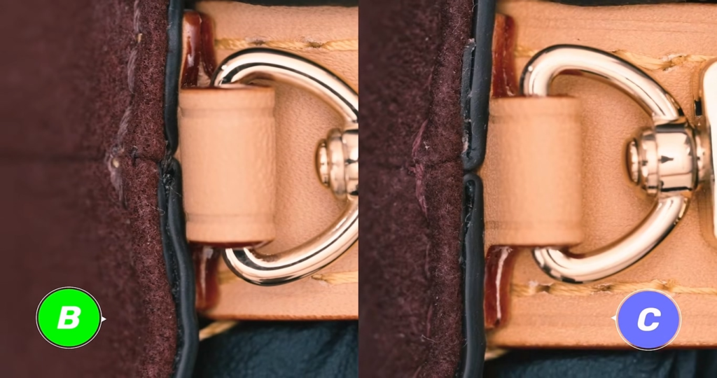 Close-up of Ultimate Piece C replica leather strap construction showing successful mimicry of the complex leather fold but missing the stitching line entirely, marked with a green check for fold accuracy but revealing a bizarre oversight in construction completion.
