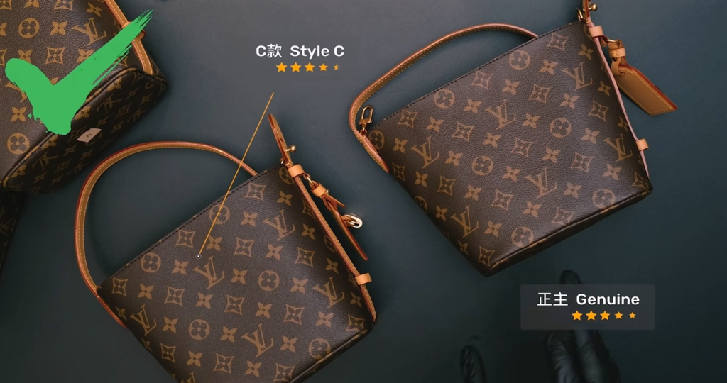 Macro comparison of Ultimate Piece C replica versus authentic Louis Vuitton Monogram canvas texture, showing Piece C's successfully mimicked natural rough texture with rich visual details and practically identical color tone and matte gloss, marked with a green check.