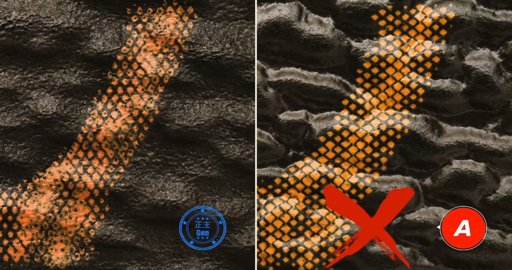 Side-by-side macro comparison of Tier A and B replica Monogram prints versus authentic, showing Tiers A and B's horizontal yellow dots lacking hollow black centers and staircase gradient, marked with a red X and labeled as Style A failure.